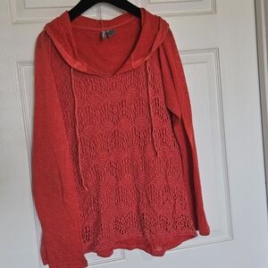 Red-Orange, lace front, pullover hoodie Large, drawstring, cool thin material